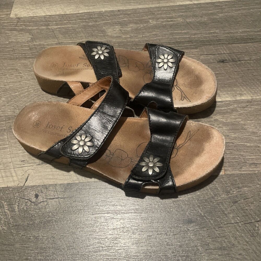 Josef Seibel Women's Size 39 Black Leather Flower Accent Slide Comfort Sandals